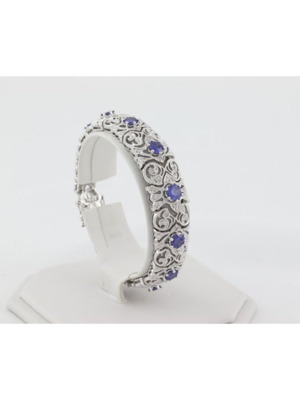 Sterling Silver Ornate Scrollwork Sparkly Tanzanite & CZ Bracelet 7 1/4" inch - Picture 3 of 8